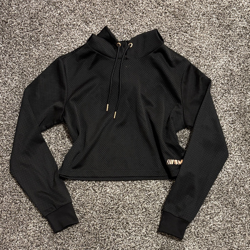 Trendy Black Cropped Hoodie with Gold Accents
